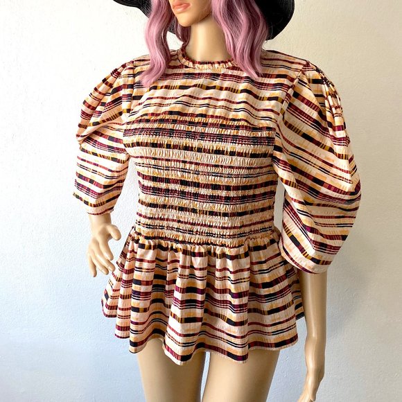 Puffed Sleeve Blouse Ruched Top Fit and Flare Blouse Ruffled Top Statement Piece - Picture 2 of 10